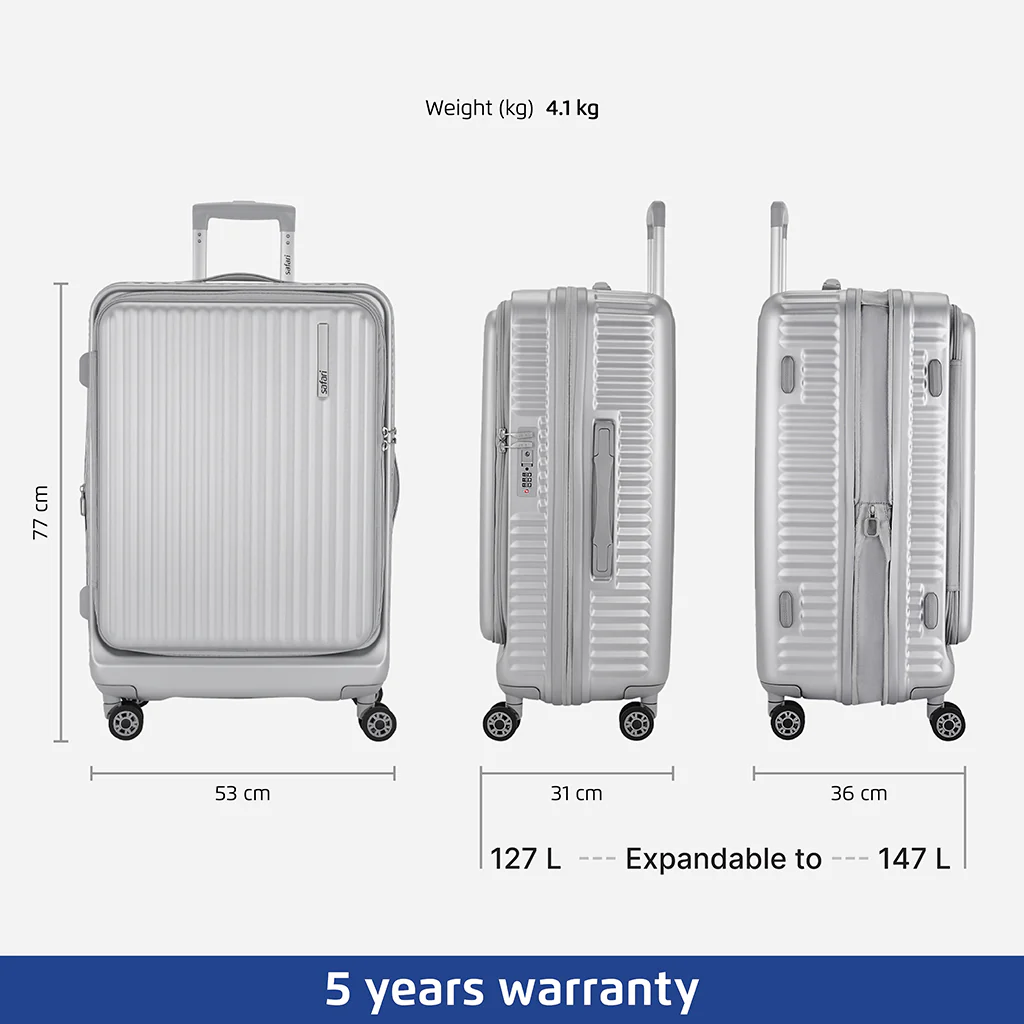 Safari Select Recoil Silver Large Front Opening Trolley Bag with Expander, TSA Lock, Dual wheels and Anti-Theft Zipper - Image 4